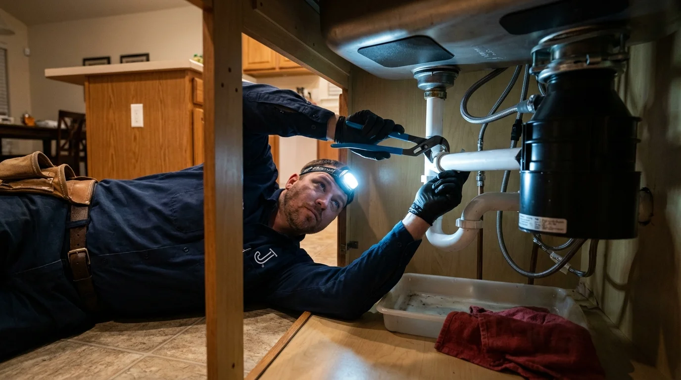 P-trap and supply line connections under a kitchen sink showing a common leak point in Warren, AR